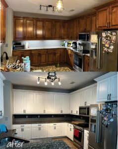 Before and after view of kitchen cabinets refinished from dark wood to white by Coastal Surface Design in Virginia Beach, VA.