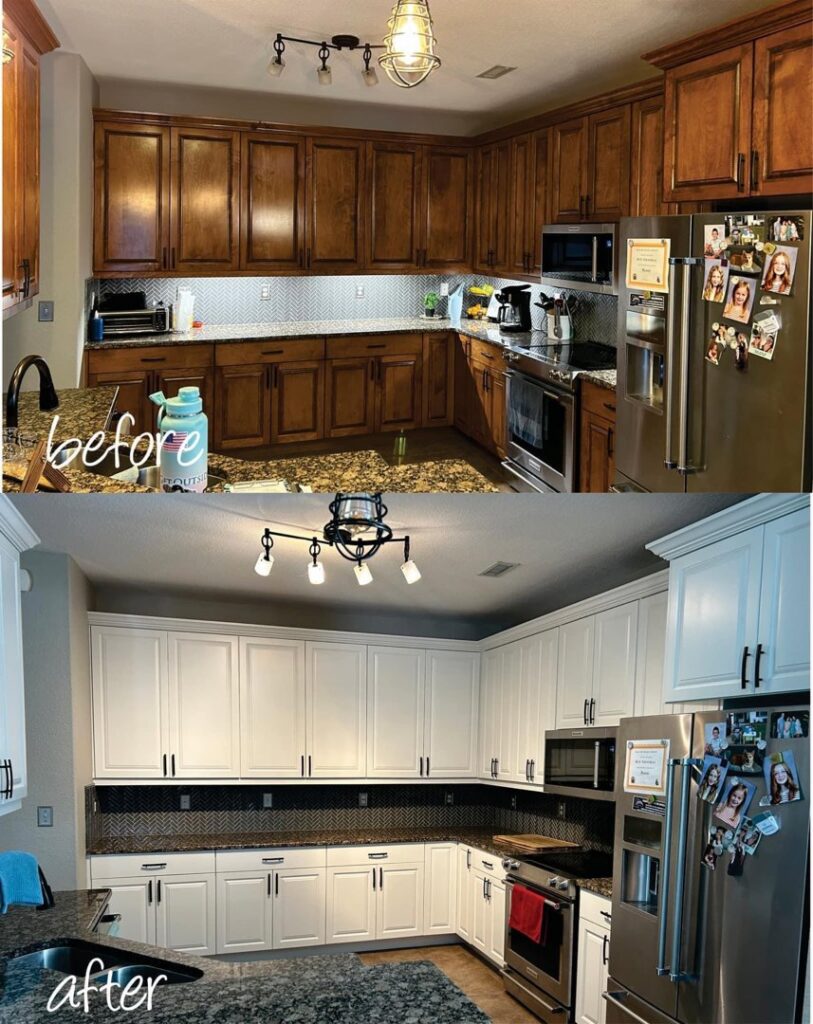 Before and after view of kitchen cabinets refinished from dark wood to white by Coastal Surface Design in Virginia Beach, VA.