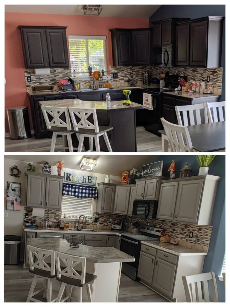 Before and after of a kitchen remodel showing updated cabinets and countertops by Precision Home Solutions in Santa Fe, TN