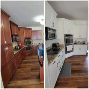 Before and after of a kitchen cabinet renovation by Amazing Finishes in Whitefish Bay, WI, showing a long stretch of white cabinets.