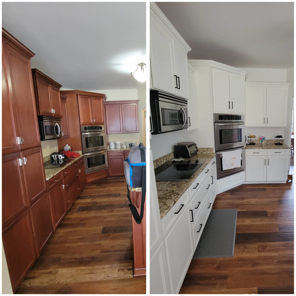 Before and after of a kitchen cabinet renovation by Amazing Finishes in Whitefish Bay, WI, showing a long stretch of white cabinets.