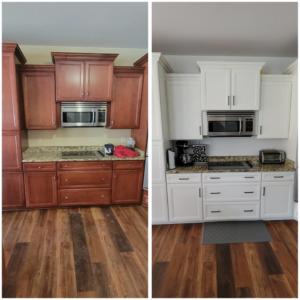 Before and after of a kitchen cabinet upgrade by Amazing Finishes in Whitefish Bay, WI, featuring new white cabinets and hardware.