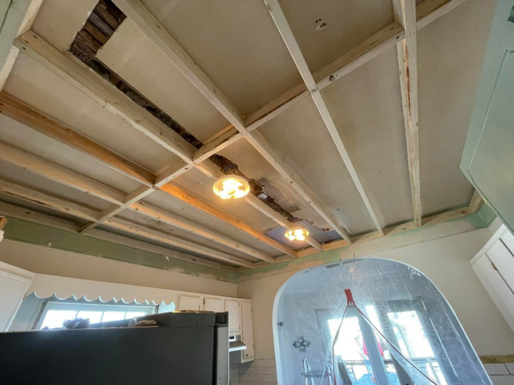 Kitchen ceiling undergoing demolition with exposed lath and old light fixtures by JayBird Handyman Services in Benson, AZ
