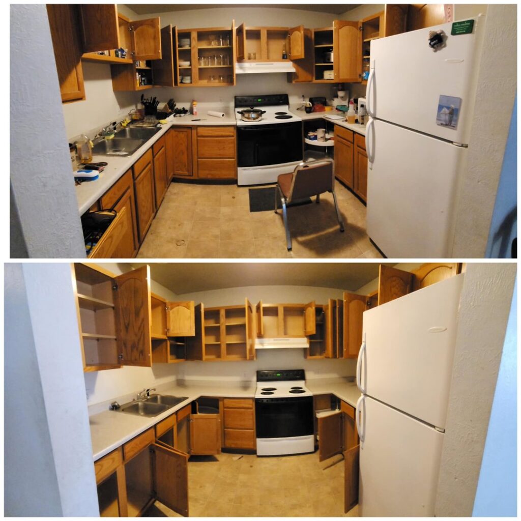 Before and after comparison of a kitchen, showing clutter and unwanted items removed by Missoula Junk Removal, LLC in Missoula, MT.