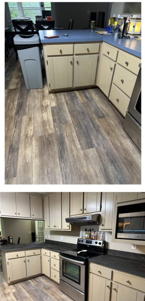 Before and after of a kitchen countertop and flooring upgrade by Iron Horse Handyman Services LLC in Laramie, WY.