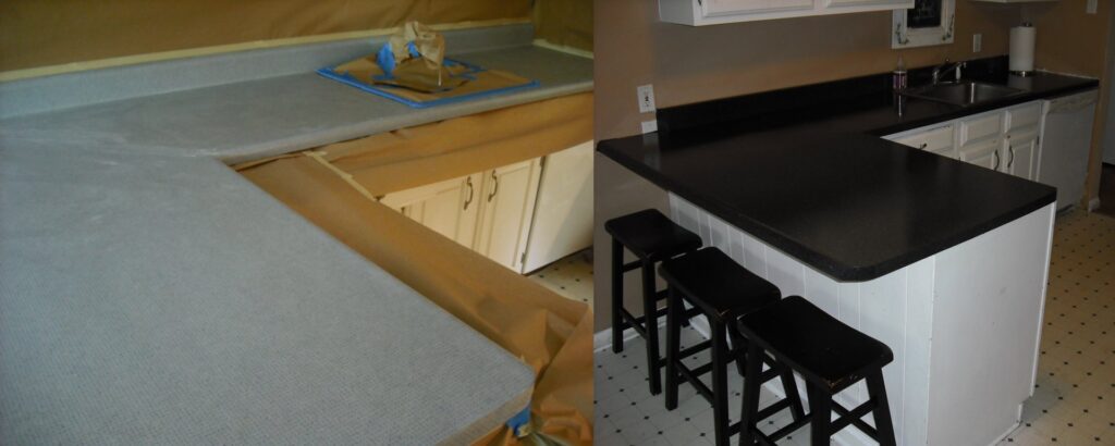 Before and after of kitchen countertop refinishing by Bath Refinishing Solutions Dayton in Dayton, OH