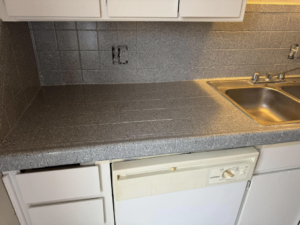 A newly resurfaced speckled grey kitchen countertop and backsplash by That Resurfacing Guy LLC in Oklahoma City, OK.