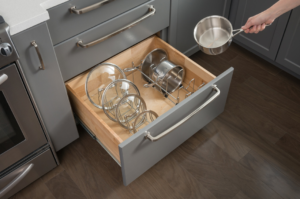 An open kitchen drawer featuring a custom pot and lid organizer installed by Preferred Millworks & Design in Edmond, OK.