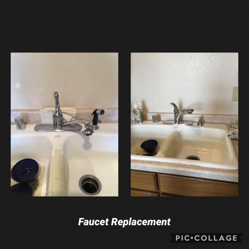 Before and after of a kitchen faucet replacement by Mr. Handyman of Waukesha and North Milwaukee County, WI.