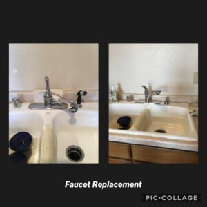 Before and after of a kitchen faucet replacement by Mr. Handyman of Waukesha and North Milwaukee County, WI.