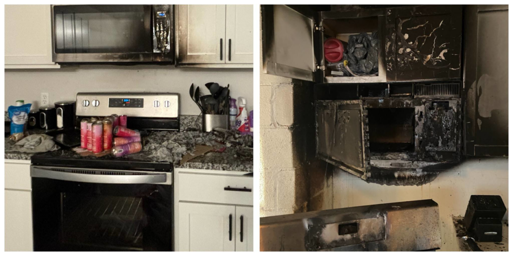 A kitchen showing significant fire damage to cabinets and appliances before restoration by All Trades Home Improvement in Hobart, IN.