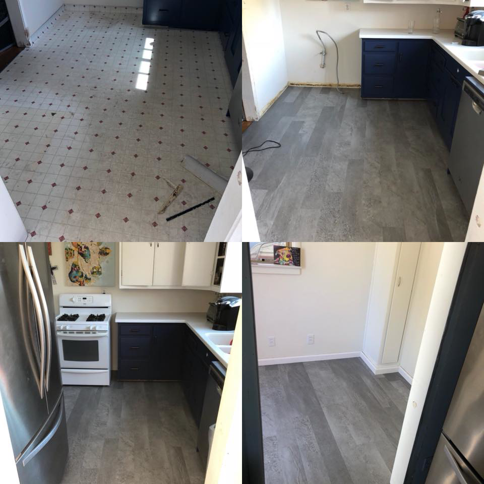 Before and after views of a kitchen floor renovation project by J.V. Repairs in Sacramento, CA.