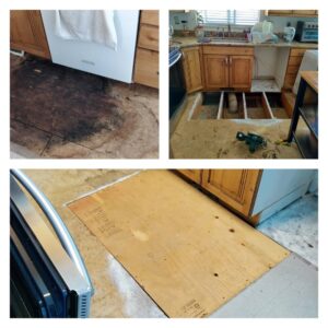 Before, during, and after photos of kitchen floor repair, showing damaged floor, subfloor exposure, and new plywood installation by Devco Construction LLC in West Valley City, UT