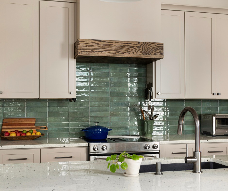 A newly installed green subway tile backsplash in a modern kitchen by Artisan Build Construct in Nashville, TN.
