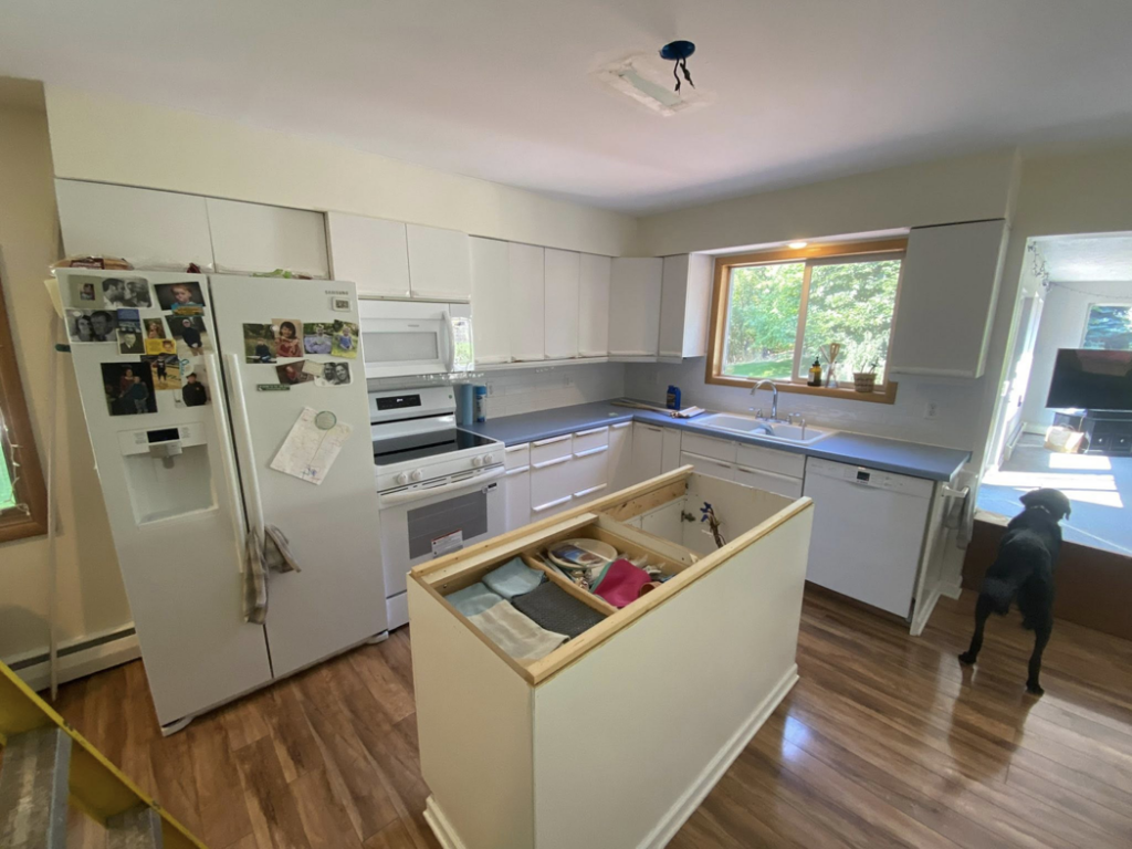 Kitchen renovation in progress, showing new cabinets and an unfinished island, by Berg Handyman Services in Post Falls, ID