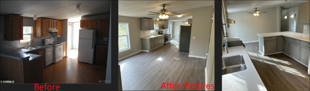 Before and after photos of a kitchen and living area renovation by Whitney Construction in Rockville, VA.