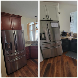 Before and after of kitchen refrigerator cabinet painting by Amazing Finishes in Whitefish Bay, WI, showing white and dark gray cabinets.