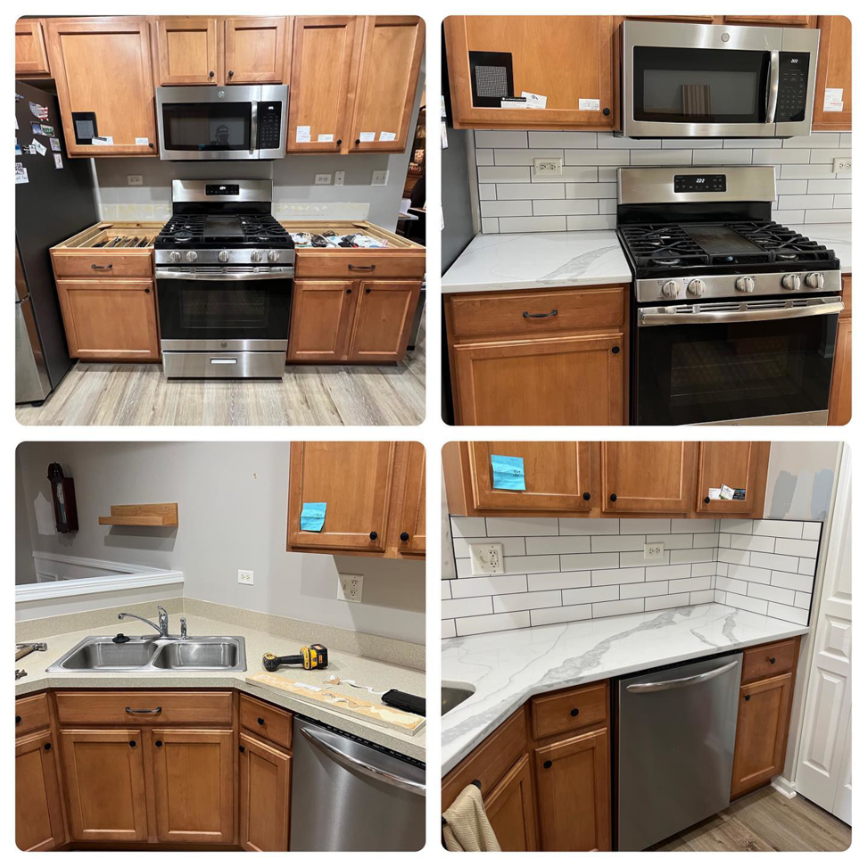 Kitchen remodel showing new appliances, countertops, and subway tile backsplash by Silhouette Builders, Inc. in Yorkville, IL