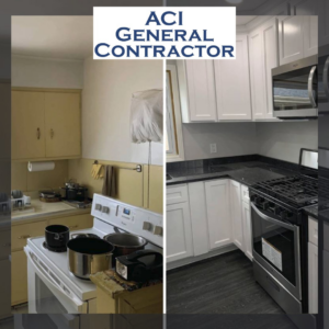 Before and after view of a complete kitchen remodel by ACI - General Contractor in Montgomery, IL.