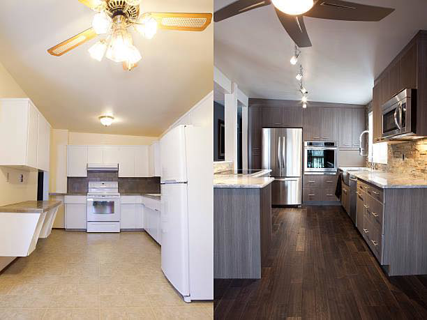 A before and after comparison of a modern kitchen remodel by Affordable Home Solutions in Springfield, PA.