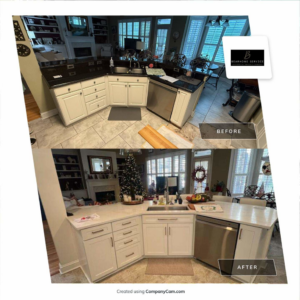 Before and after comparison of a kitchen remodel completed by BearHome Service in Mount Pleasant, SC, showing updated cabinets and countertops