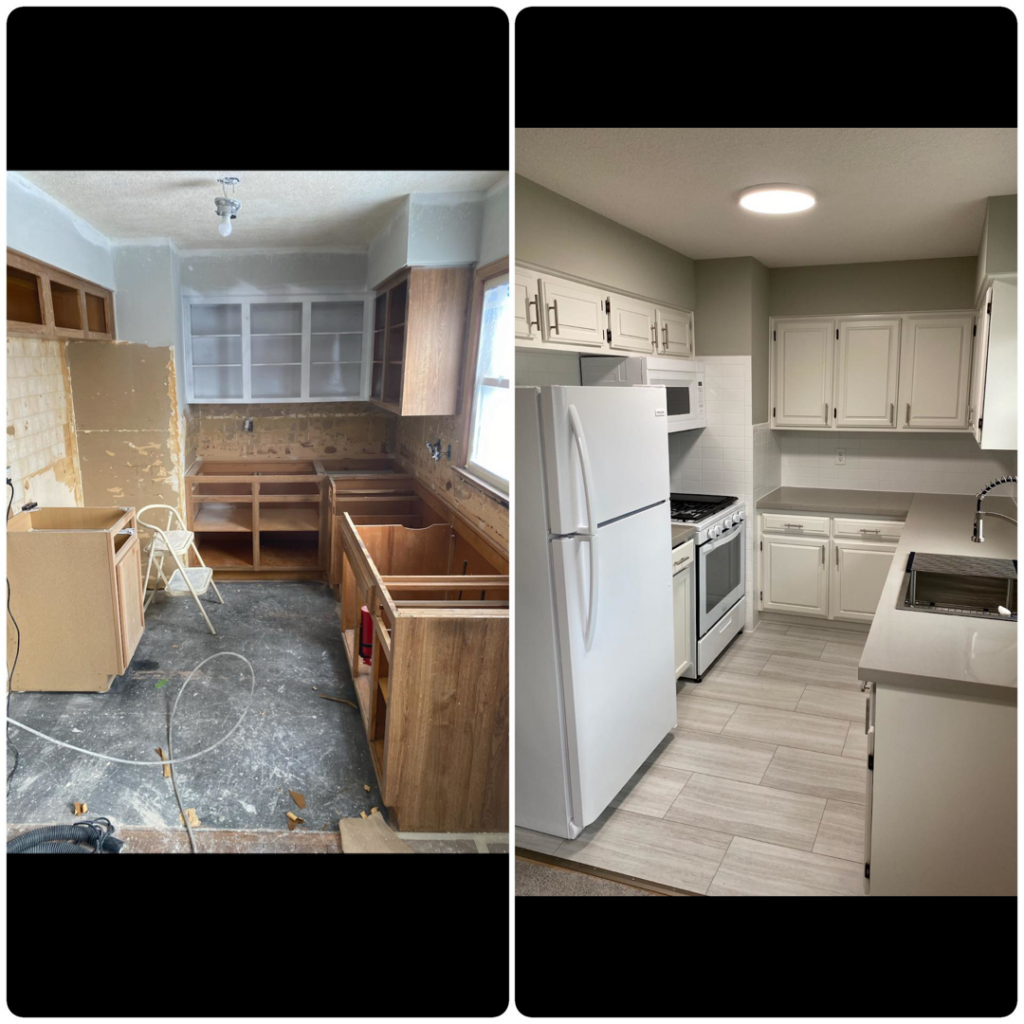 Before and after of a complete kitchen remodel by Berry Paint Co. in Blue Springs, MO, showing new cabinets, appliances, and flooring.