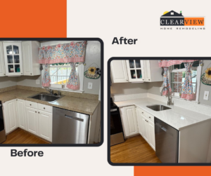 Before and after photos of a kitchen remodel with new countertops by Clearview Home Remodeling in Parkville, MD.