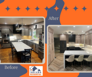 A before and after comparison of a complete kitchen remodel by Indiana Residential in Indianapolis, IN.