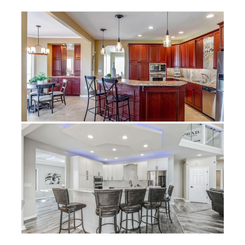 Before and after of a kitchen remodel with new cabinets and lighting by Infinite Transformations LLC in Denver, CO.