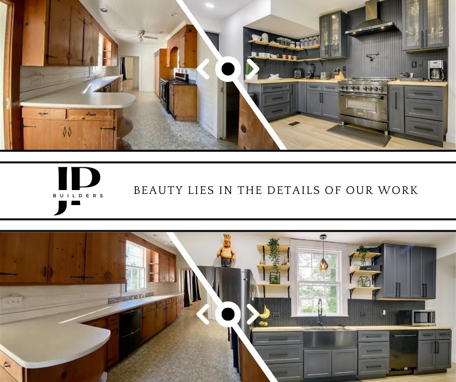 Before and after view of a complete kitchen remodel by JP Builders in Raleigh, NC, featuring new cabinets, appliances, and flooring.