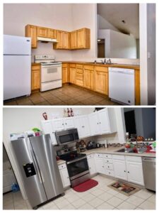 Before and after photos of a kitchen remodel, showing updated cabinets and appliances by Precision Home Solutions in Santa Fe, TN