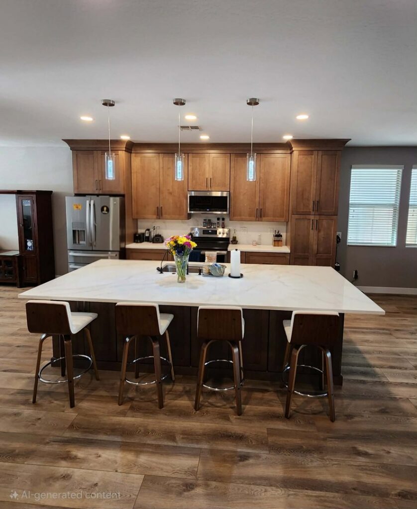 A renovated kitchen showcasing brown wooden cabinets and a large white island by Desert Remodel in Scottsdale, AZ.