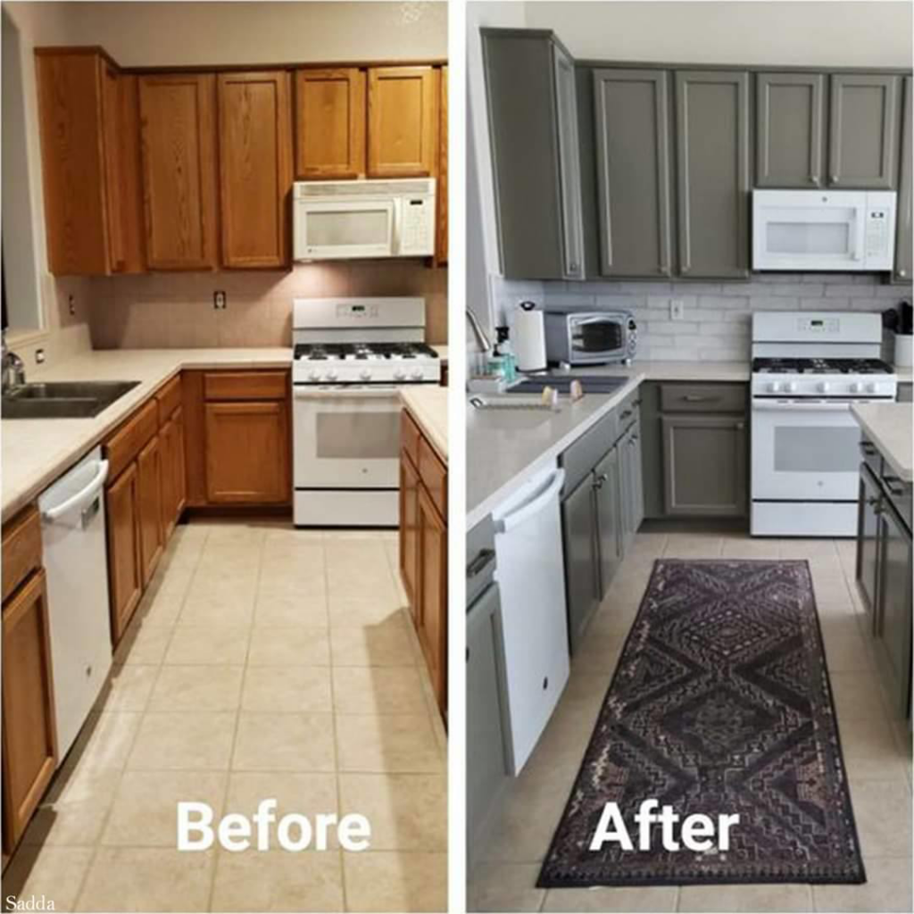 Before and after kitchen remodel showing cabinets painted from wood to gray by Amazing Handyman in Peoria, IL.