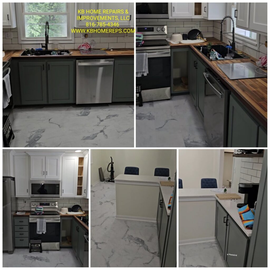 A collage of photos showing a kitchen remodel project with new cabinets, butcher block countertops, and flooring by KB Home Repairs & Improvements, LLC in Shawnee, KS.