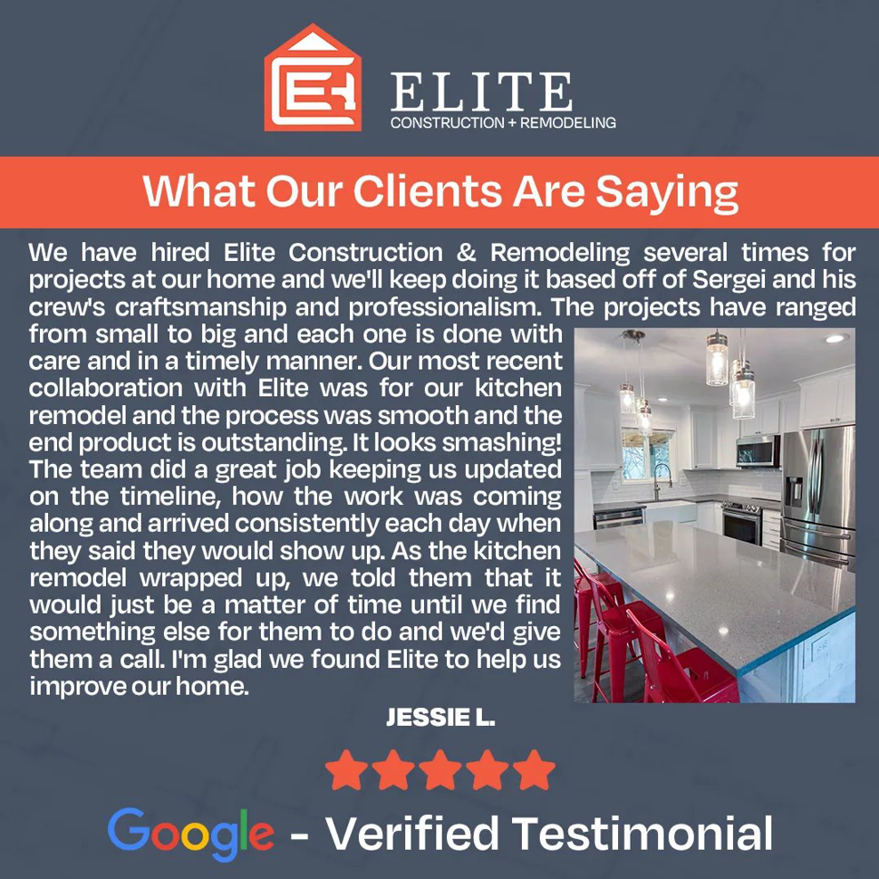 A stunning kitchen remodel with new white cabinets, a large island, and pendant lights by Elite Construction + Remodeling in Spokane, WA.