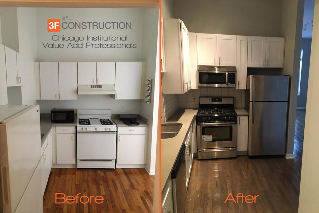 Before and after comparison of a kitchen renovation project by 3F Construction in Chicago, IL.