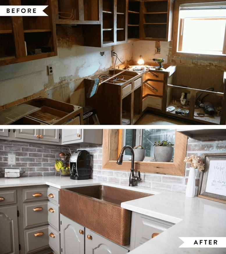 A before and after view of a complete kitchen renovation by Affordable Home Solutions in Springfield, PA.