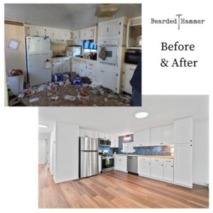 Before and after photos of a complete kitchen renovation completed by Bearded Hammer LLC in Meridian, ID.