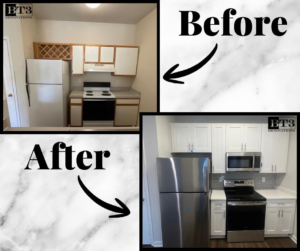 Before and after photos of a kitchen renovation showing new cabinets and appliances by BT3 Renovations in Dayton, OH.