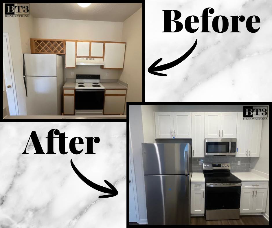 Before and after photos of a kitchen renovation showing new cabinets and appliances by BT3 Renovations in Dayton, OH.