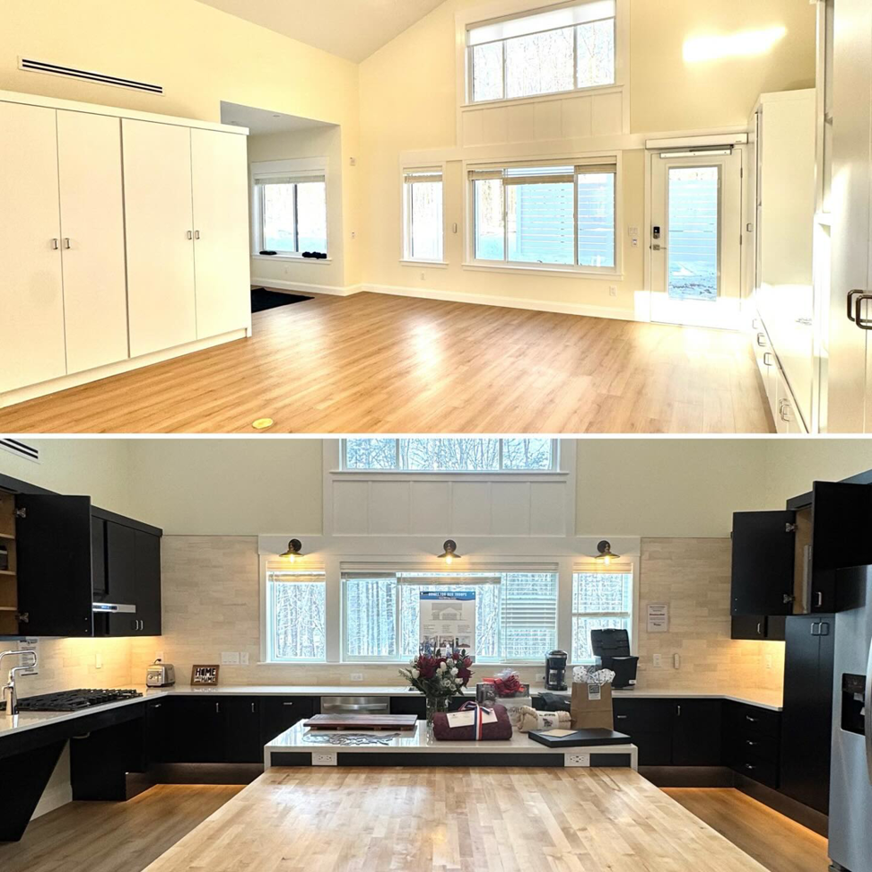 A split image showing a before and after of a modern kitchen renovation completed by Mason Sky Enterprises in Worcester, MA.