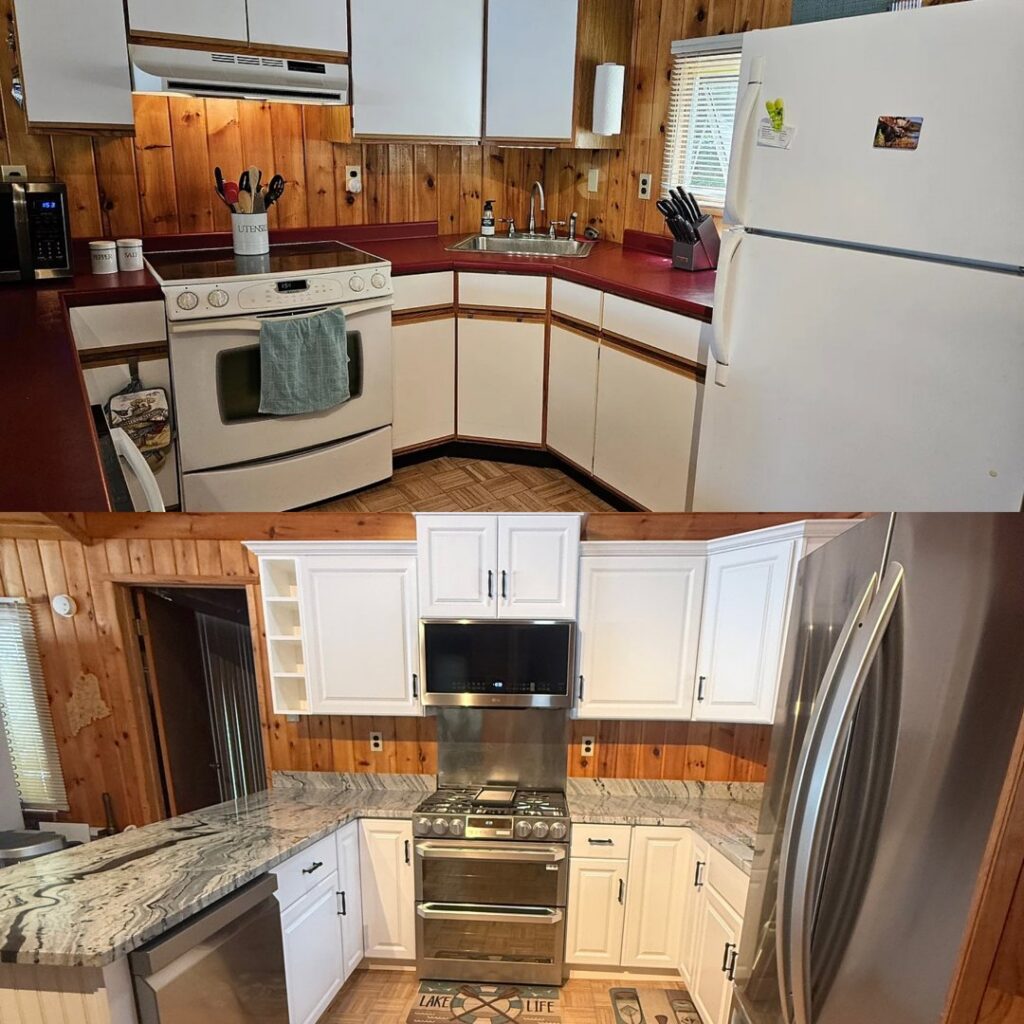 A before and after comparison of a kitchen renovation project completed by The Finish Group in Bangor, ME.