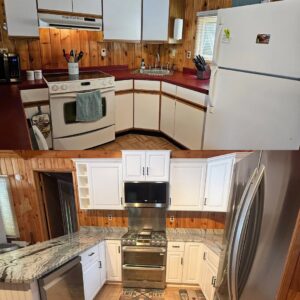A before and after comparison of a kitchen renovation project completed by The Finish Group in Bangor, ME.