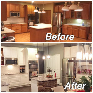 Before and after view of a complete kitchen renovation by V.F Contracting L.L.C in Parma, OH, showing updated cabinets and island.