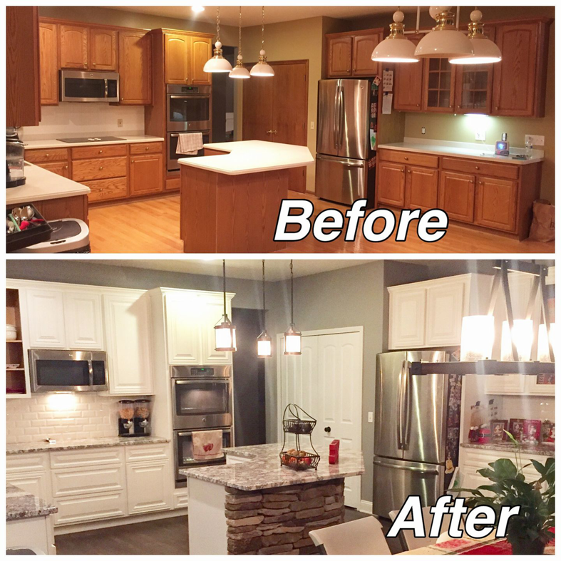 Before and after view of a complete kitchen renovation by V.F Contracting L.L.C in Parma, OH, showing updated cabinets and island.