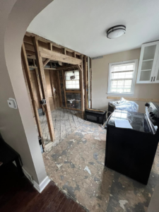 A kitchen renovation in progress with walls stripped to studs and exposed framing by Hall & Massey Renovations LLC in Cincinnati, OH.