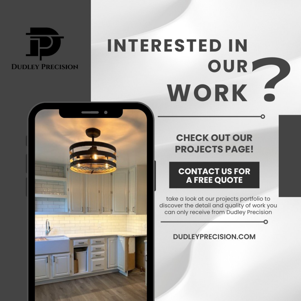 A beautifully renovated kitchen featuring new cabinets, sink, and a modern light fixture by Dudley Precision in Denver, CO.