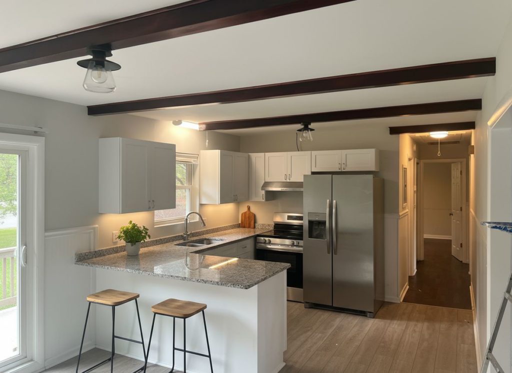 Complete kitchen renovation with new cabinets and appliances by Wolff Renovation in Wilmington, NC.