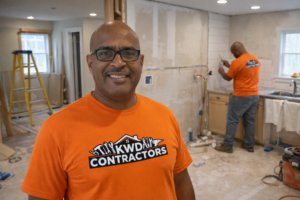 KWD Contractors performing a kitchen renovation, with one handyman tiling a backsplash in Bladensburg, MD.