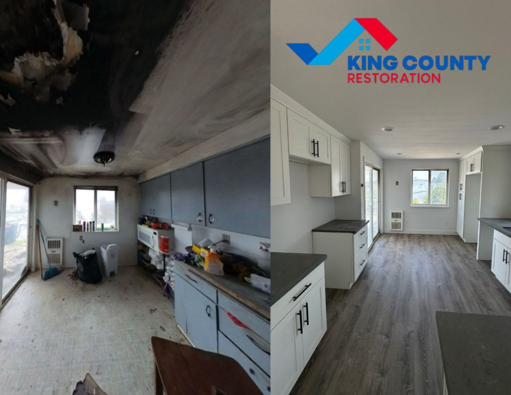 Before and after view of a kitchen restoration project completed by King County Restoration in Renton, WA, showing significant improvements.
